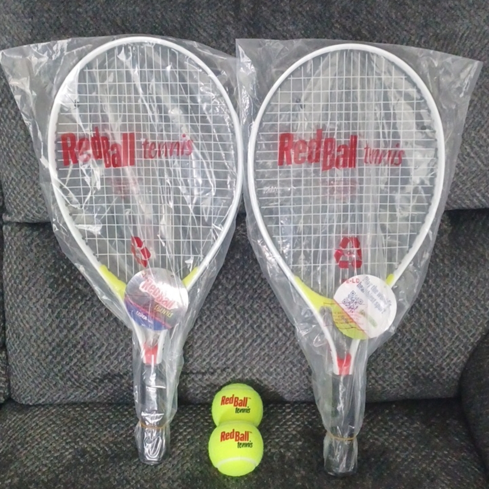2 New Red Ball Tennis Raquets and Balls